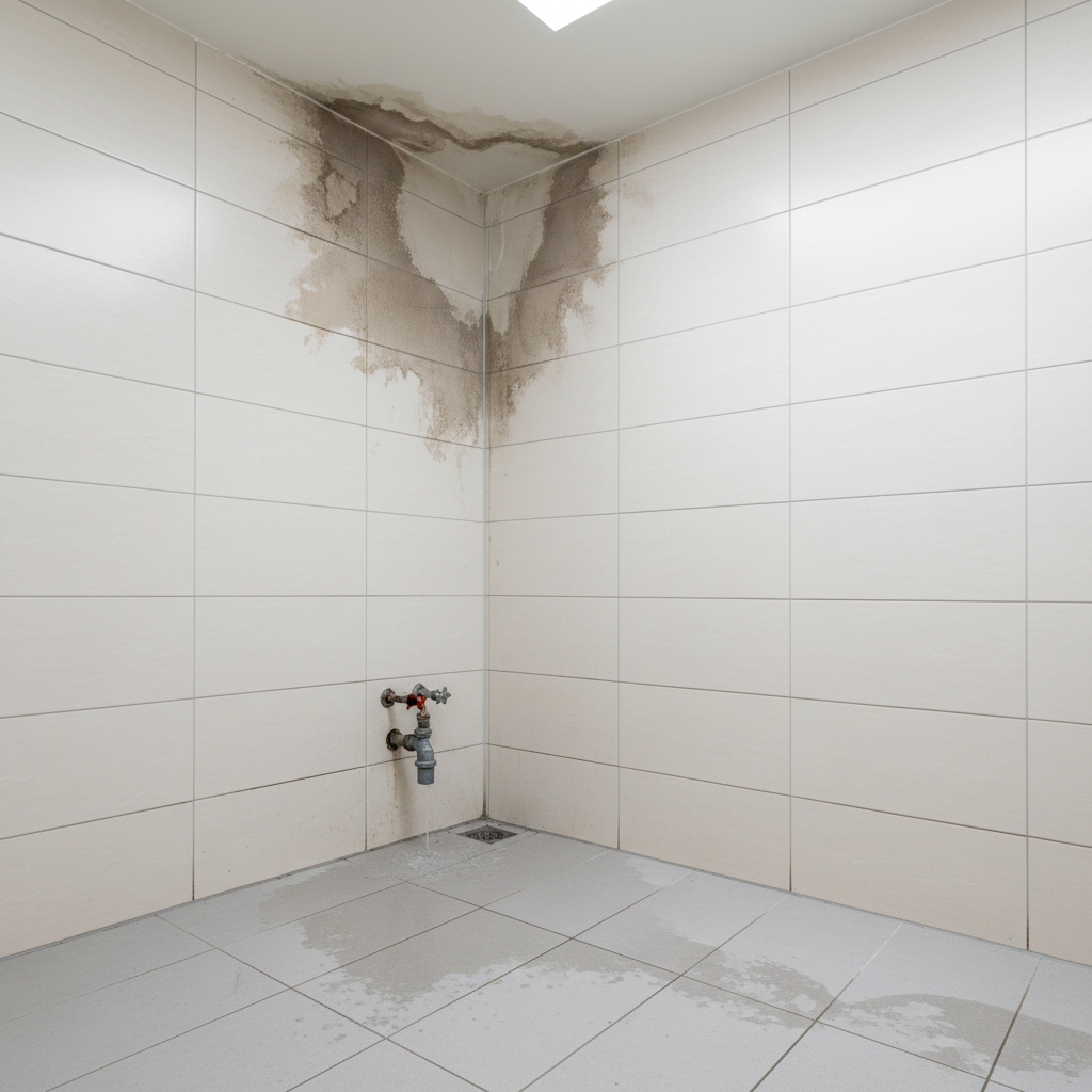 Fuga de agua en baño de edificio con humedad en paredes