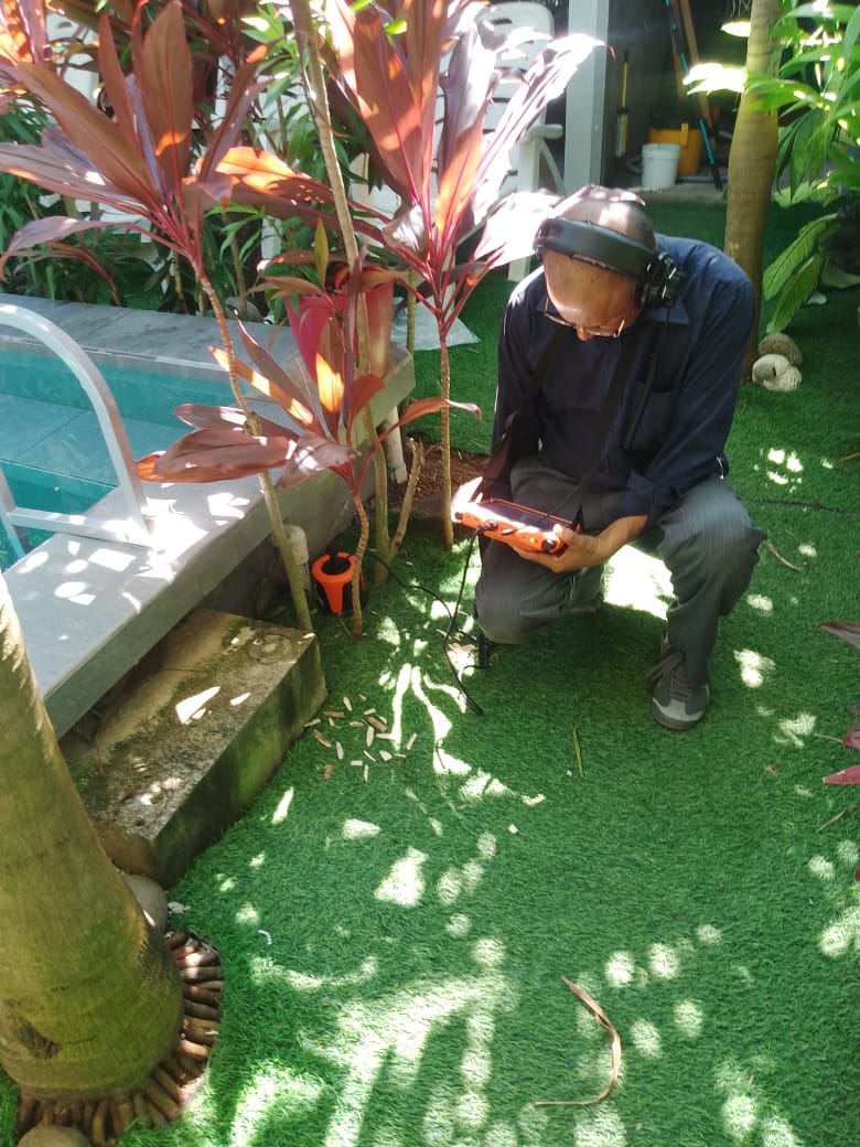 Búsqueda de fuga de agua subterránea en zona verde